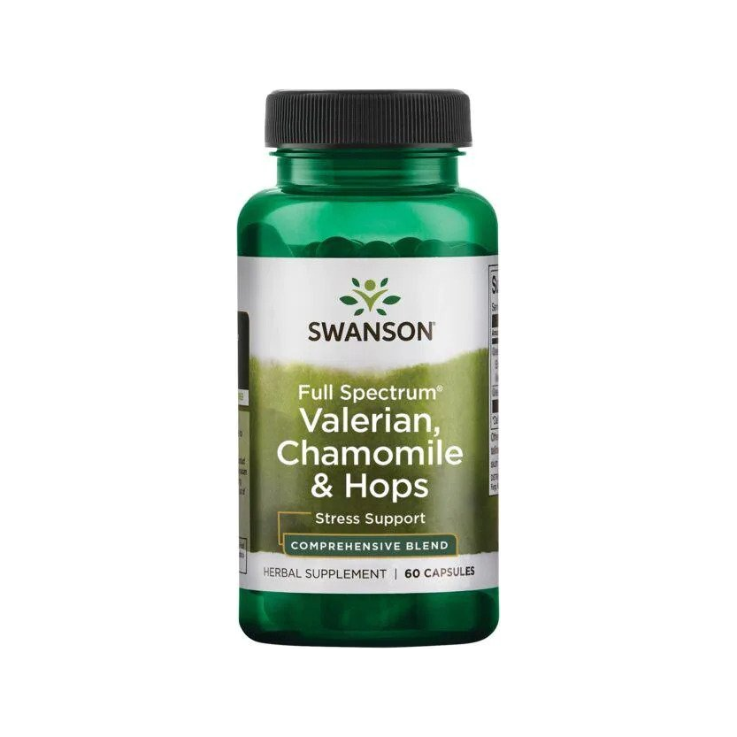 Swanson Full Spectrum valerian, kamomill & humle kapselflaska