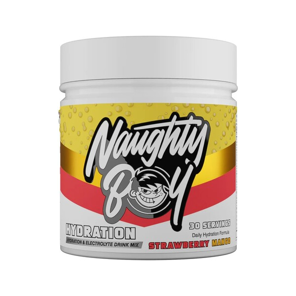 Hydration-dryckesmix, gul/röd randig burk med Strawberry Mango-smak