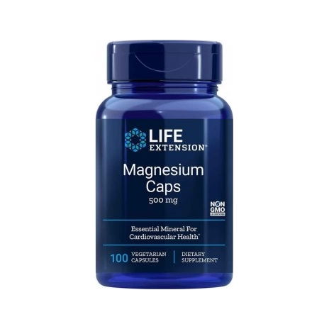 Magnesiumtillskott i blå plastflaska, Life Extension Magnesium Caps 500 mg, 100 kapslar