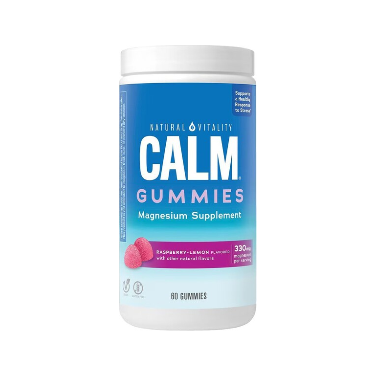 Natural Vitality Calm gummies i flaska, magnesium med hallon-citron.