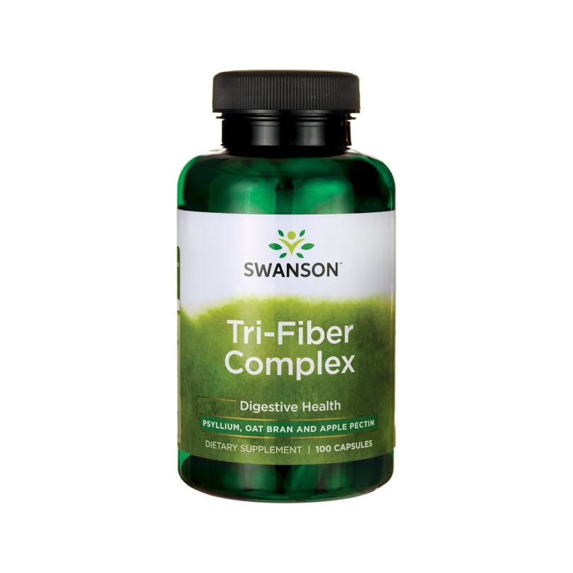 Swanson Tri-Fiber Complex kapseltillskott i mörkgrön flaska med svart lock