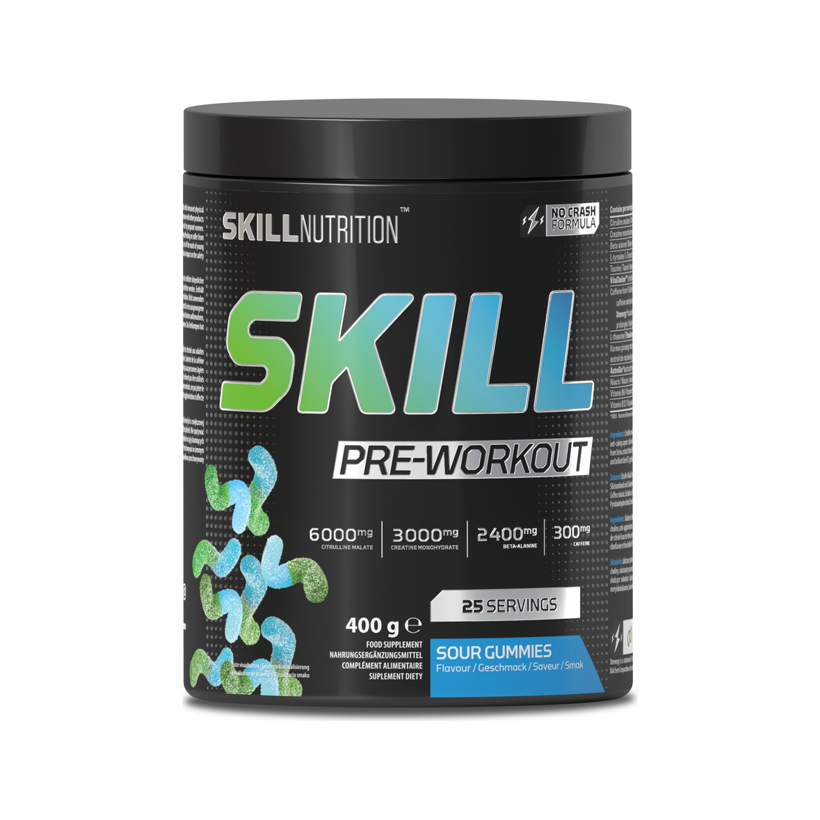 SKILL Pre-Workout-burk med sour gummies, 400 g (25 portioner)