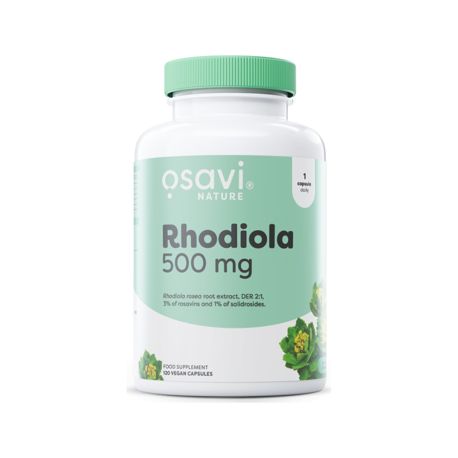 Rhodiola 500 mg kosttillskott i vit burk med grön etikett och lock