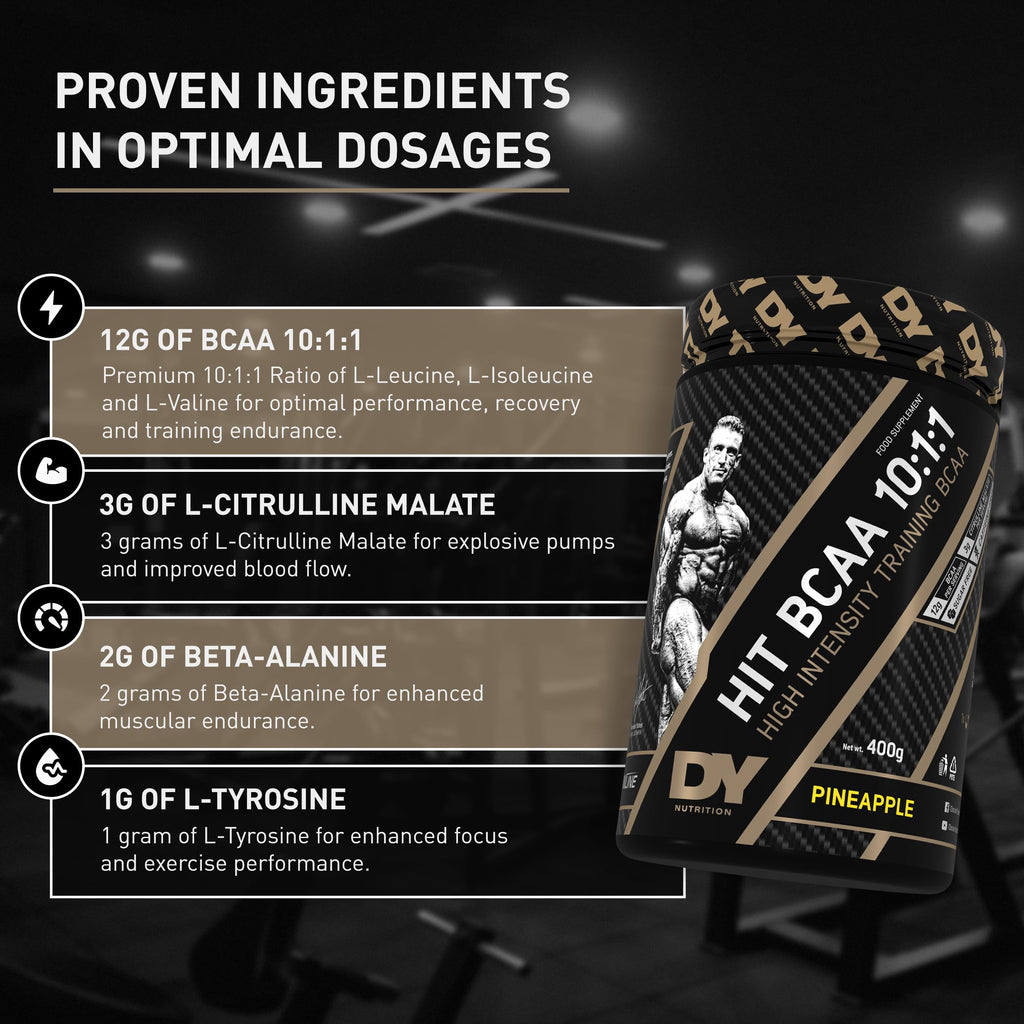 DY Nutrition HIT BCAA 10:1:1 burk med ingrediensschema, persika 400 g