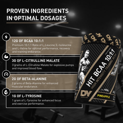 DY Nutrition HIT BCAA 10:1:1 burk med ingrediensschema och angivna doser