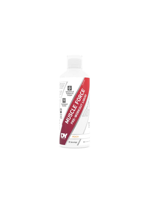 DY Nutrition Muscle Force pre-workout vätska 500 ml, orangefärgad flaska med vit kork