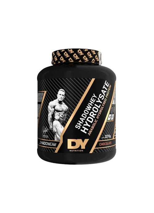 Proteinpulverburk med DY Shadowhey, chokladsmak, svart lock och etikett