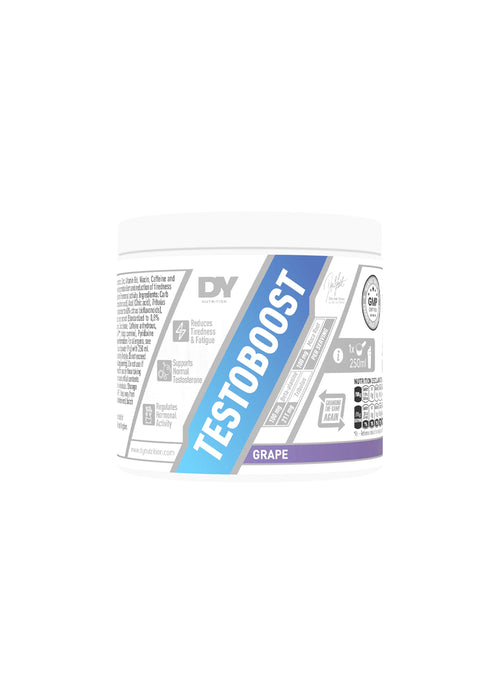 DY Nutrition Testoboost-burk med druvsmak, vit burk med blå etikett