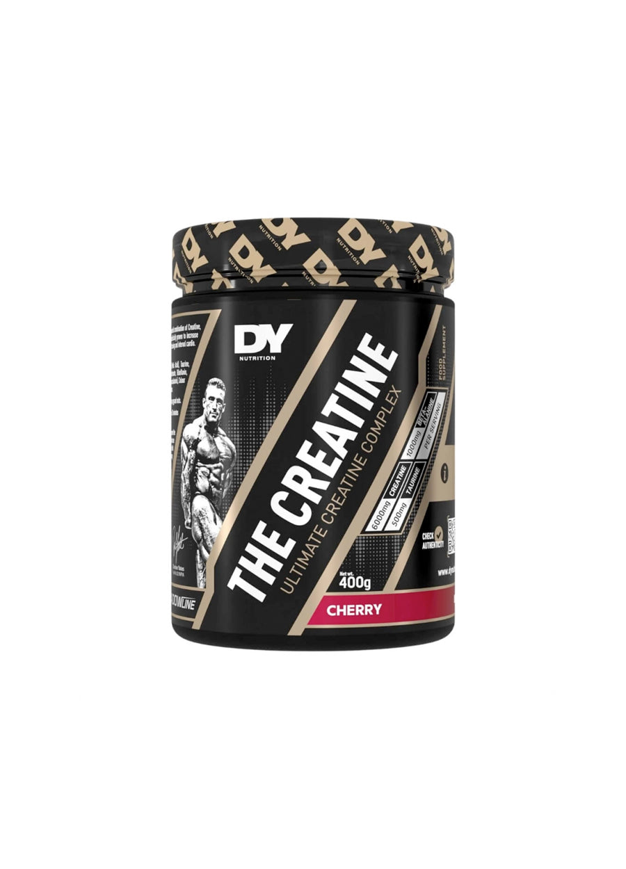 DY Nutrition kreatintillskott 400 g, körsbärssmakad burk med svart etikett