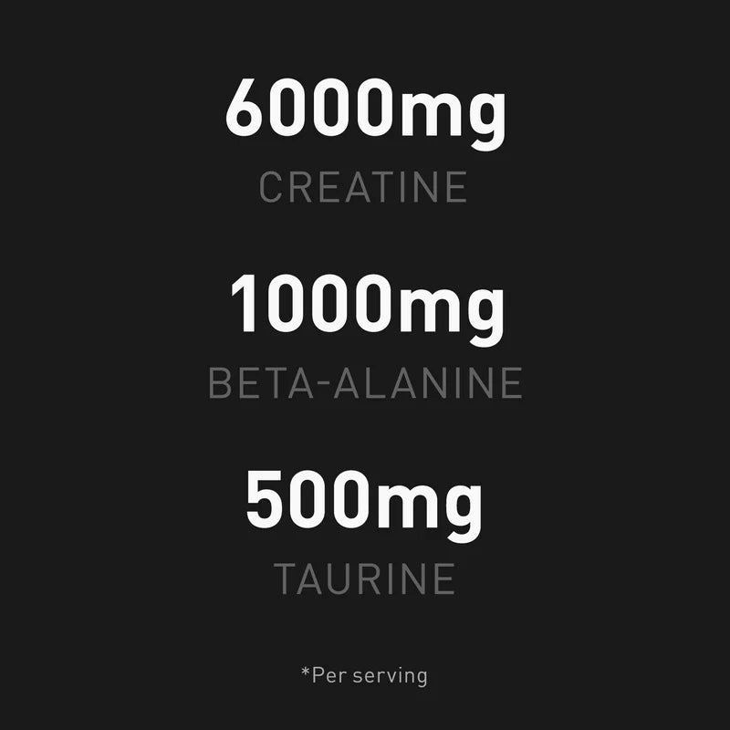 Kreatin 6000 mg, beta-alanin 1000 mg och taurin 500 mg per portion