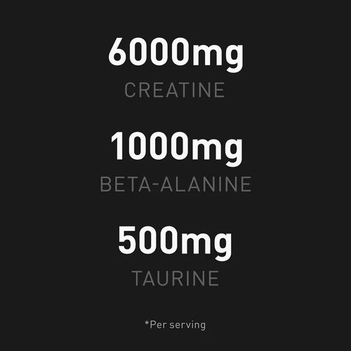 Kreatin 6000 mg, beta-alanin 1000 mg och taurin 500 mg per portion