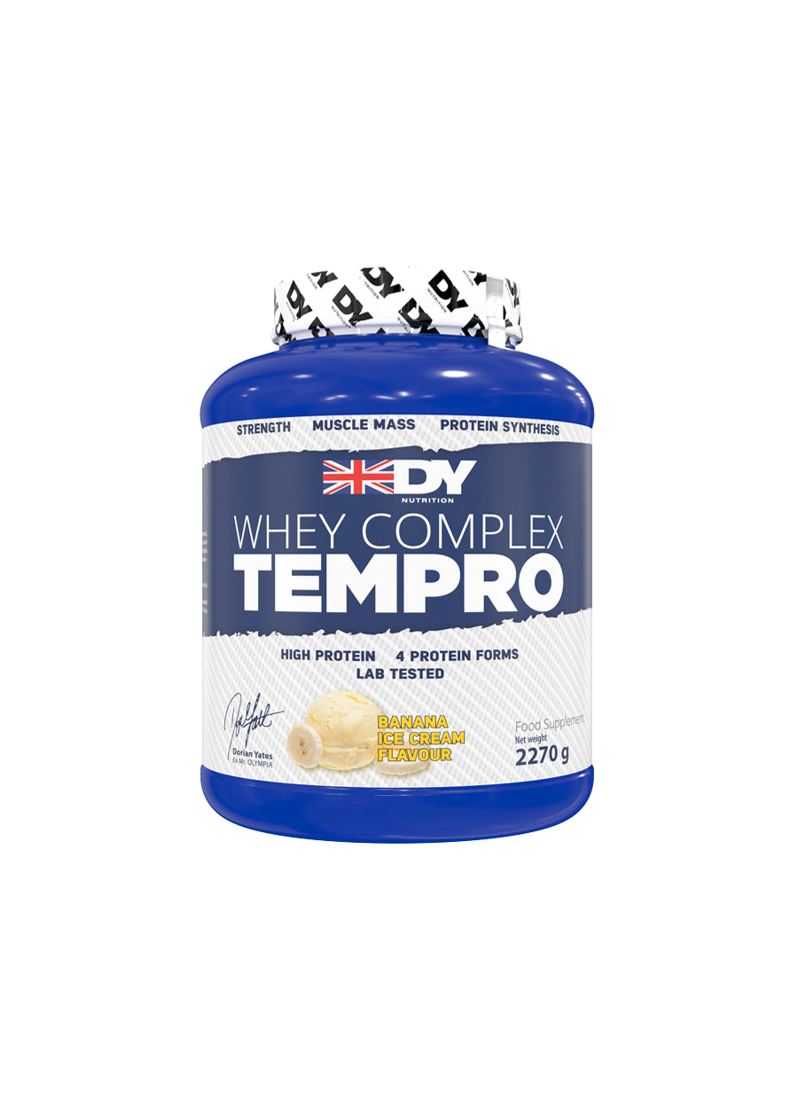 Proteinpulver i blå burk DY Whey Complex Tempro, bananglassmak, 2270 g