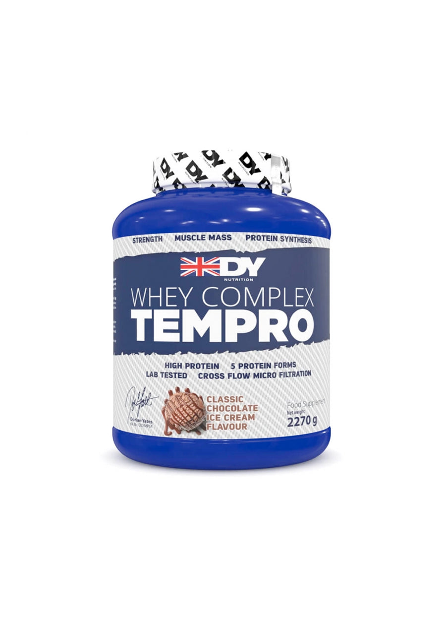 Proteinpulver i blå burk DY Whey Complex Tempro, chokladsmak, 2270 g