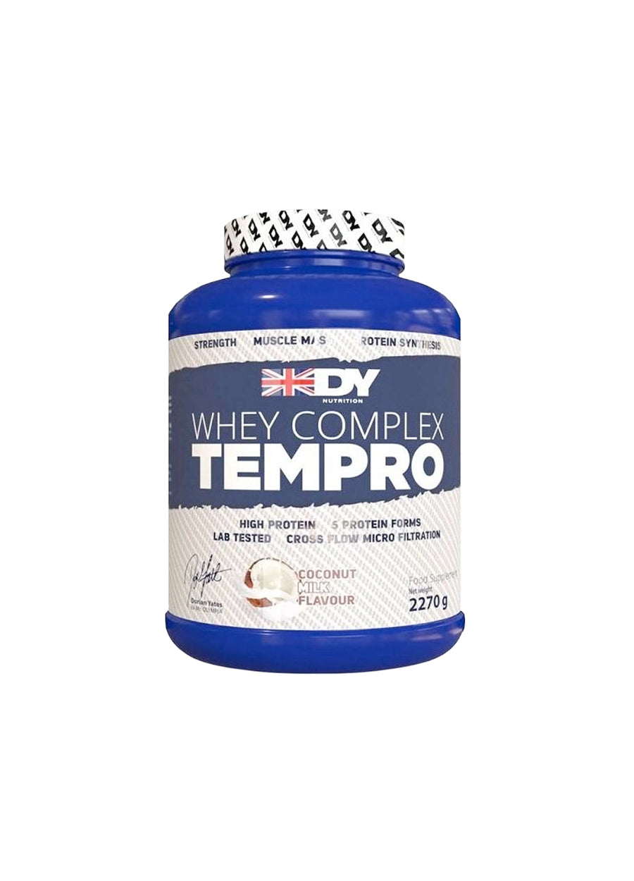 Proteinpulver i blå burk DY Whey Complex Tempro, kokosmjölksmak, 2270 g