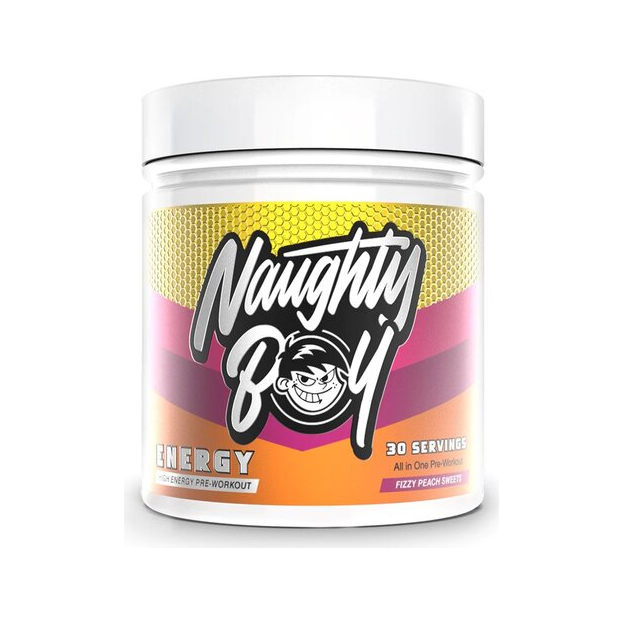 Energipreworkout i burk med gul-lila etikett, Fizzy Peach Sweets