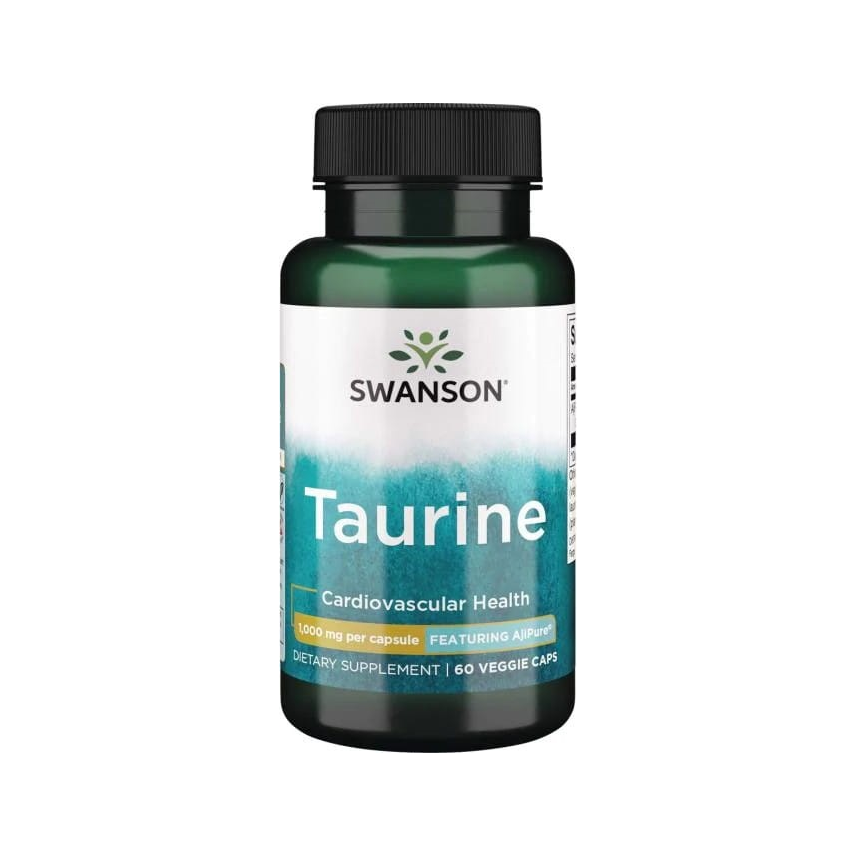 Taurin-tillskott i flaska med svart lock, etikett Swanson Taurine 1000 mg