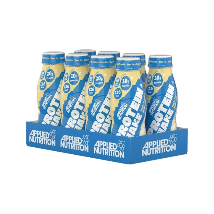 Applied Nutrition high protein-shake, 8-pack, gul och blå flaskor i blå kartong
