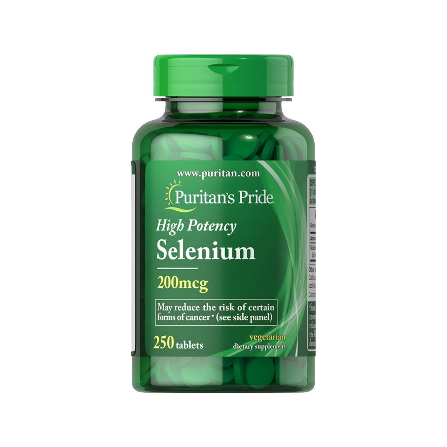 Puritan's Pride Selen 200 mcg kosttillskott i grön burk med 250 tabletter