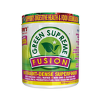 Grön och gul kosttillskottburk med etikett 'Green Supreme Fusion'.