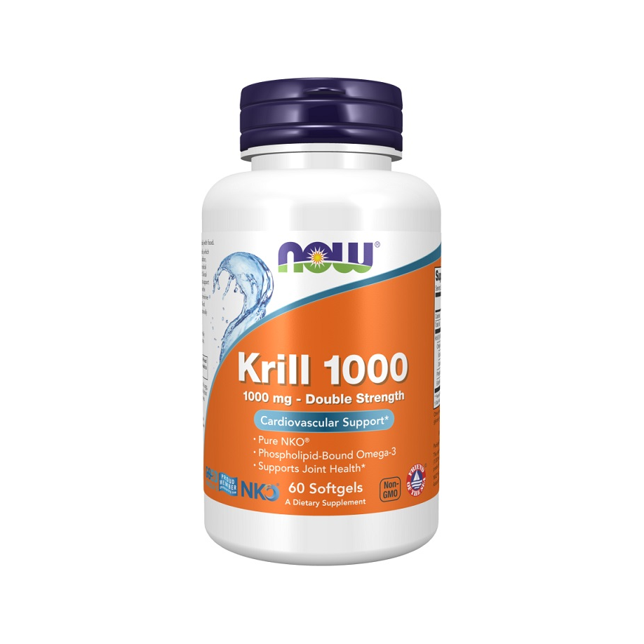 Kapseltillskott i flaska med NOW Krill 1000-etikett, blå och orange