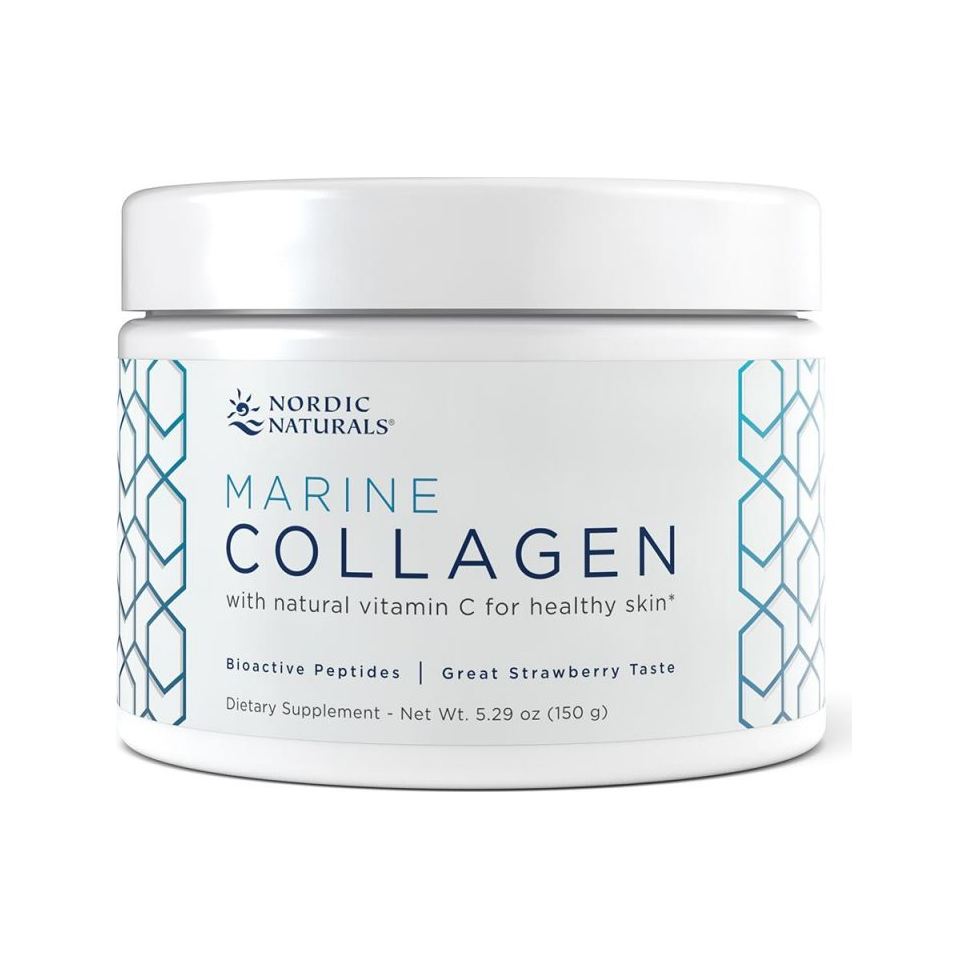 Nordic Naturals Marine Collagen-kruka med vitt lock och blå etikett