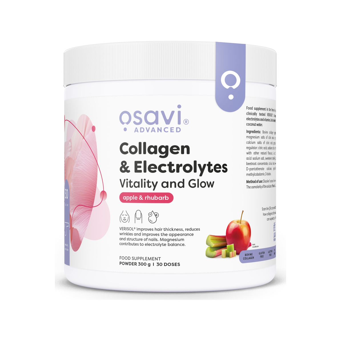 Osavi kollagen- och elektrolyttillskott i vit burk, äpple & rabarber.