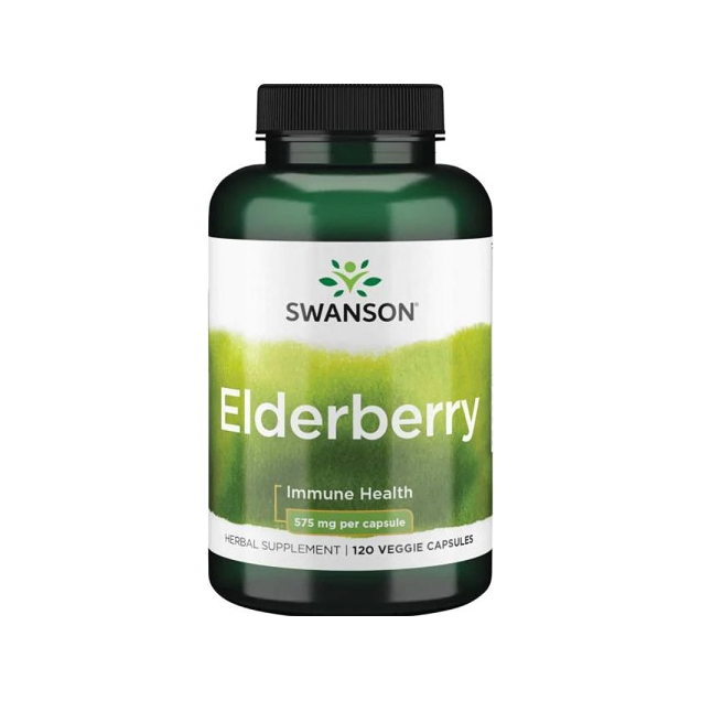 SWANSON Elderberry kapselburk, 120 veggiekapslar, mörk lock och grönt etikettblad