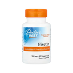 Fisetintillskott i vit flaska med orange lock, etikett med 100 mg och 30 kapslar