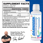 Evogen L-karnitin flaska med "Supplement Facts"-etikett och lock uppåt