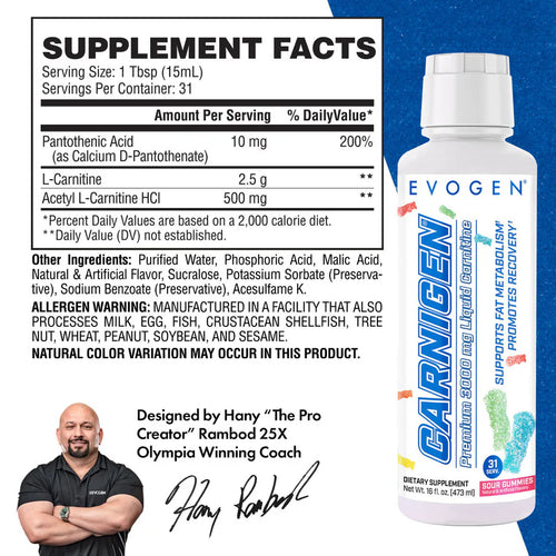 Evogen L-karnitin flaska med "Supplement Facts"-etikett och lock uppåt