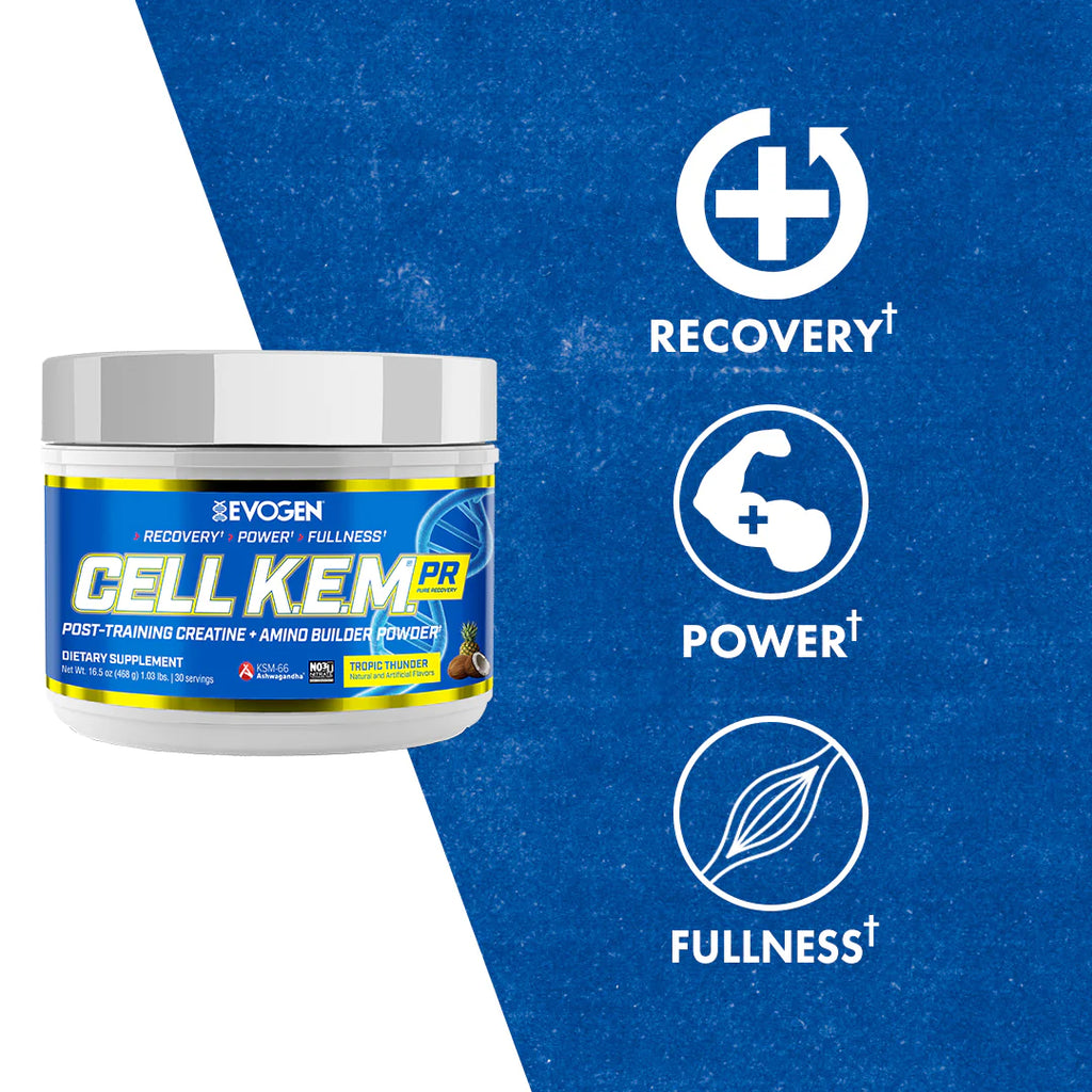 Evogen Cell K.E.M. PR burk med blå etikett och kraft-/fullnessikoner