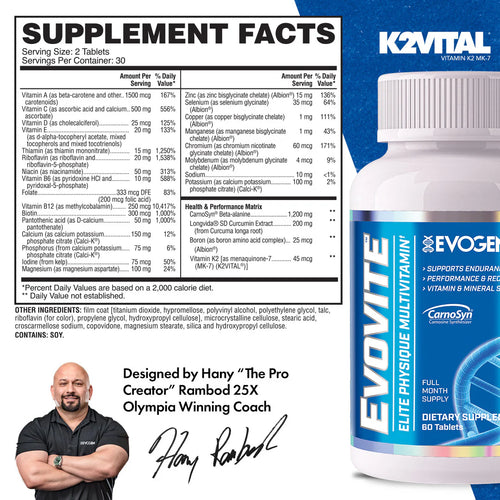 Flaska med etikett för Supplement Facts och Vitamin K2 på Evogen-förpackning.