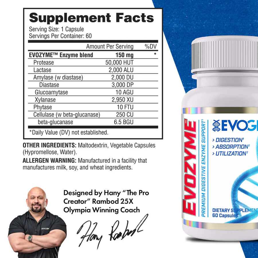 Evogen Evozyme 60 kapslar med Supplement Facts-ruta på etiketten