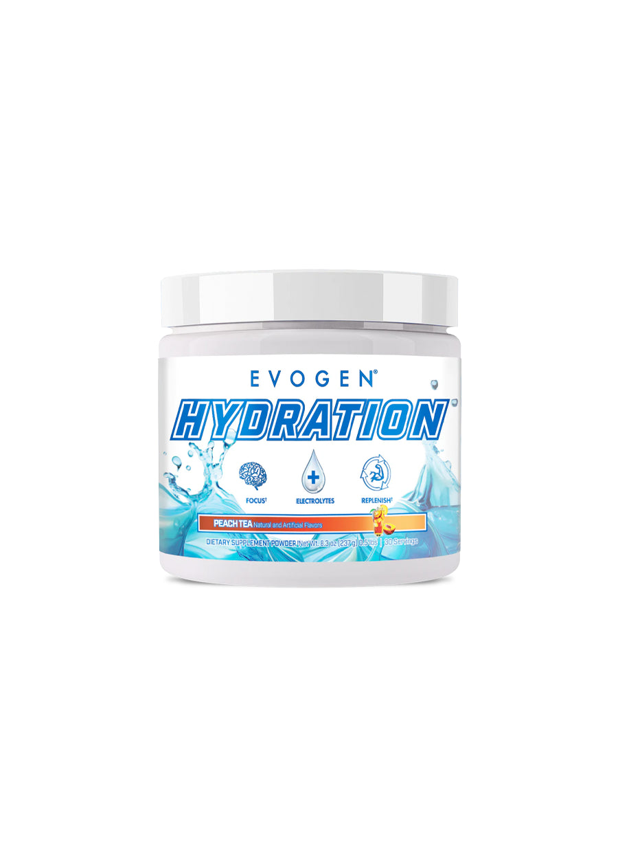 Tillskottsburk med Evogen Hydration-etikett och blå vatten-/drinkmotiv