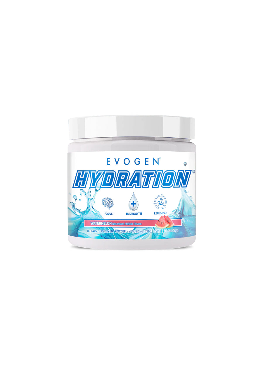 Tillskottsburk med etikett Evogen Hydration och blå design, vit burklock