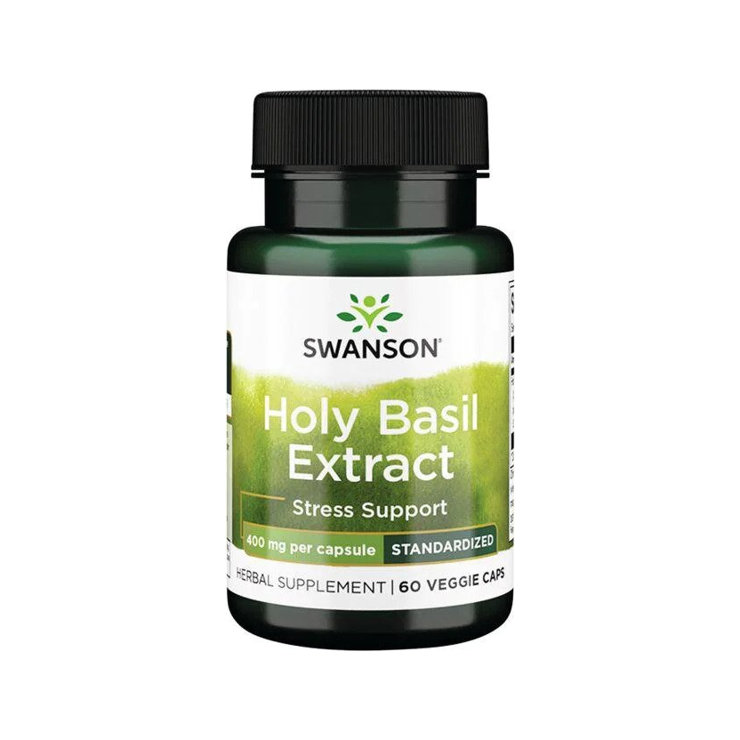 Swanson Holy Basil kosttillskott i tablettflaska med gröna etikettdetaljer