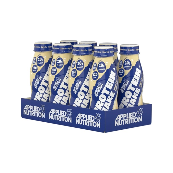 Applied Nutrition high protein-shake, 8-pack, gul och blå flaskor i blå kartong