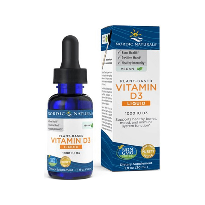 Flytande vitamin D3 från växtkälla med pipettflaska och kartongförpackning
