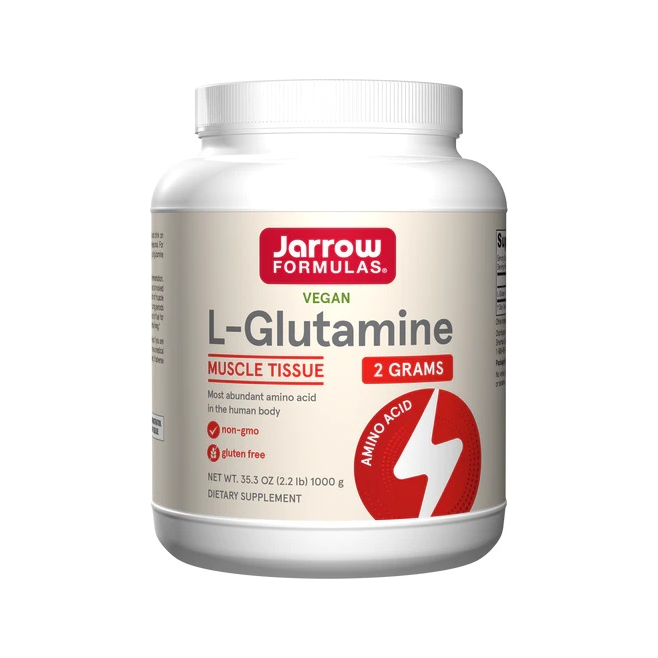 L-Glutaminpulver i vit burk med etikett från Jarrow Formulas, 1000 g