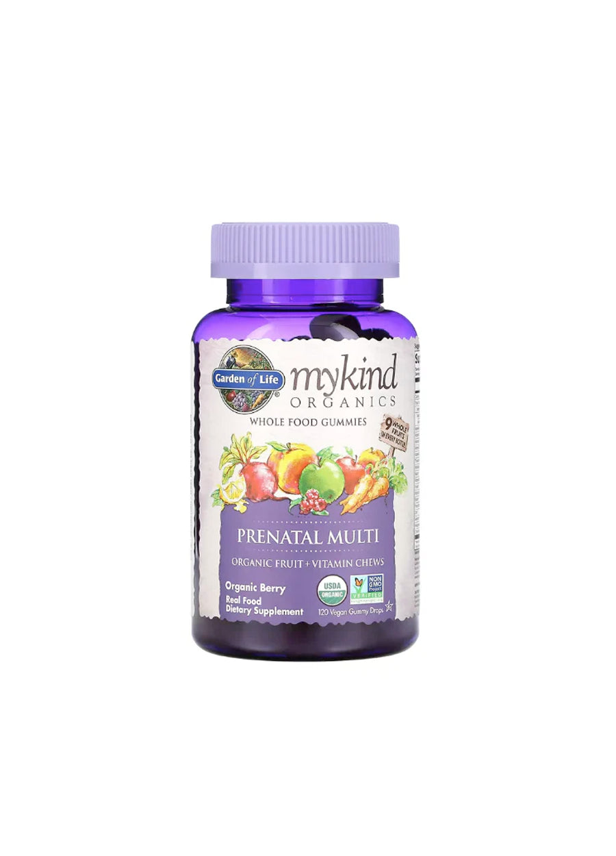 Mykind Prenatal Multi-gummier i flaska med lila lock, bärsmak.