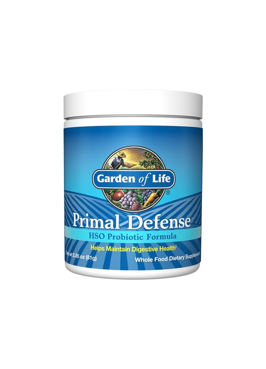 Garden of Life Primal Defense pulverburk med lock, blå etikett, 81 g