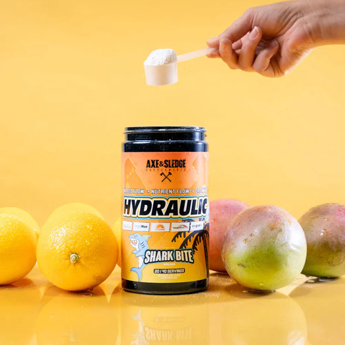 Axe & Sledge pre-workout-burk med lock, blå och orange etikett
