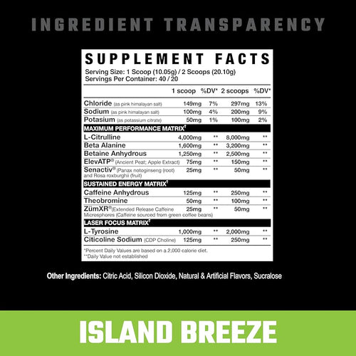 Närings- och ingredienskarta på Axe & Sledge IntAke pre-workout-förpackning