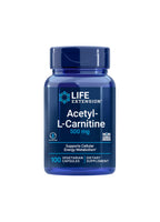 Blå kapselburk med etikett Acetyl-L-Carnitine 500 mg och 100 kapslar