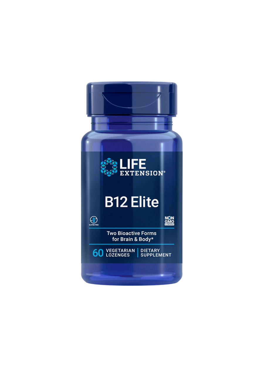 B12 Elite sugtabletter i blå plastburk, Life Extension-etikett, 60 sugtabletter.