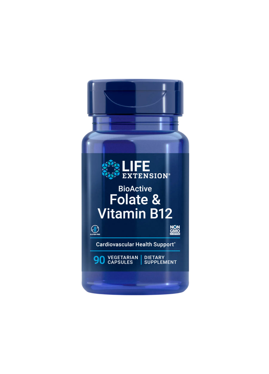 Life Extension folat & B12-kapslar i blå förpackningsflaska, 90 kapslar