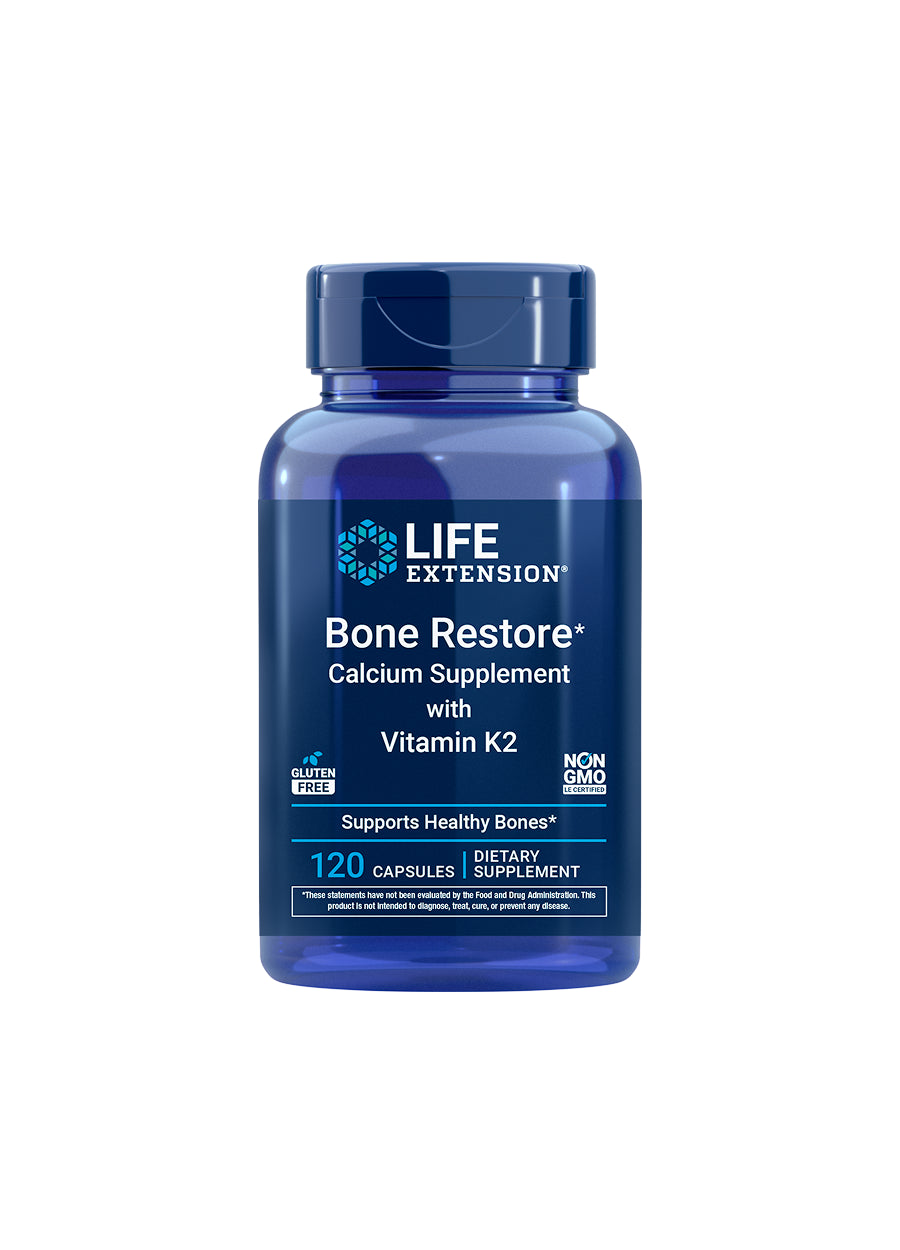 Blå kapseltillskottsflaska med Life Extension Bone Restore, kalcium och K2, 120 kapslar.