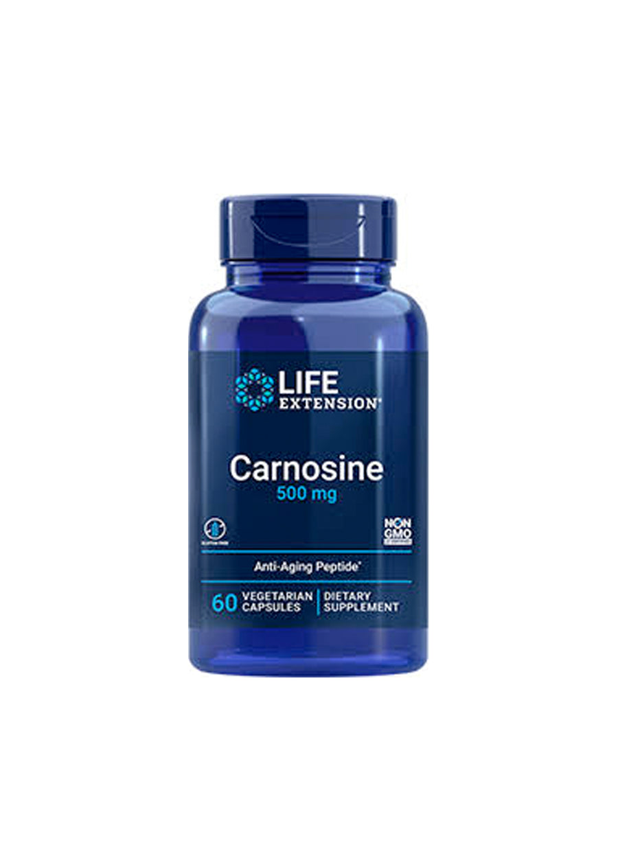 Blå kapselburk Life Extension Carnosine 500 mg med lock och etikett