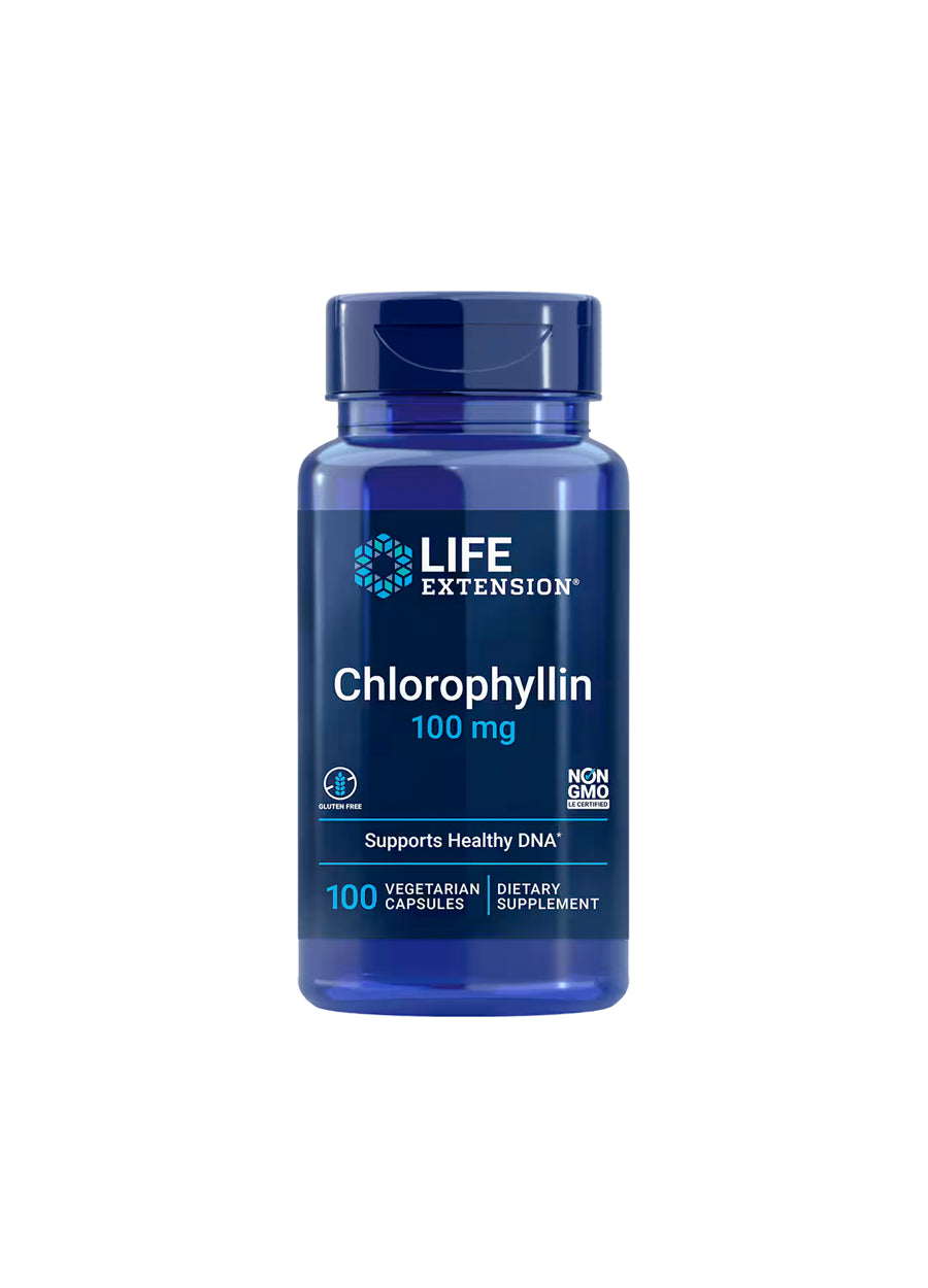Klorofyllin kapseltillskott i blå plastflaska, 100 mg