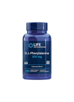 Kapselbeholder med blå etikett för D L-Phenylalanine 500 mg, 100 kapslar